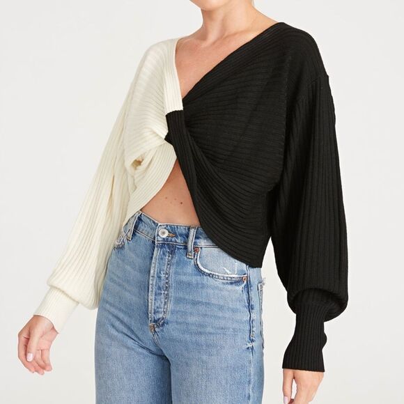 AMUR Cruz Twist Sweater - Black & Cream Off Shoulder 100% Merino Wool NWT Medium - Picture 5 of 7